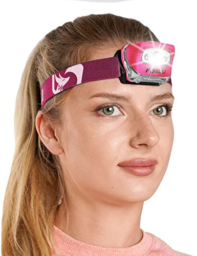 Foxelli Linterna frontal LED para adultos y niños, correr, camping, senderismo, lámpara de cabeza con luz blanca y roja, cómoda diadema, ligera e impermeable, 3 pilas AAA