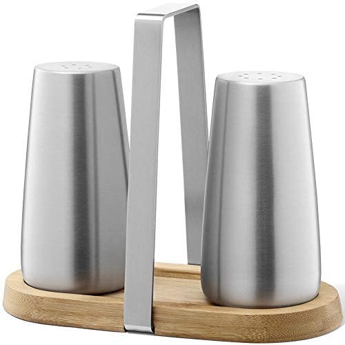 ZACK 20875 BEVO Salz- / Pfefferstreuer mit Menage, Edelstahl matt und geöltem Bambus, Plata, 7.4 x 14.0 x 14.2 cm