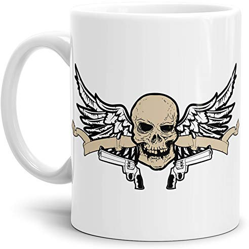 Skull-head Becher/Totenkopf-Tasse Weiss mit Aufdruck mit Knarren und Flügeln