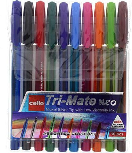 Cello Ballpoint Pens, Tri-Mate Medium Point Biros Multipack Pens | 1.0mm Ball Point Black Ink Pens for Writing Ideal for Stationery Supplies and School Supplies Pack of 10 (Multicolour)