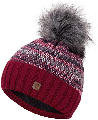 Faera Wintermütze Mütze Damen gefüttert mit Kunstfell Bommelmütze Bommel Fleecefutter Winter Strickmütze Beanie Mädchen, Farbe:Rot