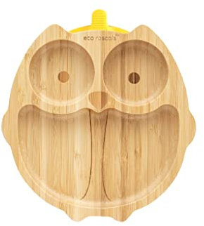 eco rascals Bamboo Baby & Toddler Owl Suction Plate - Natural Weaning Large Owl Plate from 6 Months, Beautiful & Organic, Spill Proof Plate with Strong Suction Ring for Feeding Babies (Yellow)