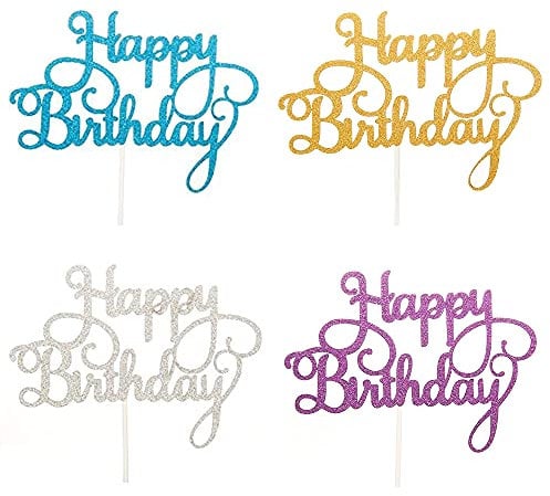 Happy Birthday Tortendeko Geburtstag, 4 Stück Bunt Kuchendeko Cake Torten Kuchen Topper Girlande, Glitzer Cupcake Tortenstecker für Mädchen Junge Mann Frau Kinder Geburtstag Taufe Party Deko, 4 Farben