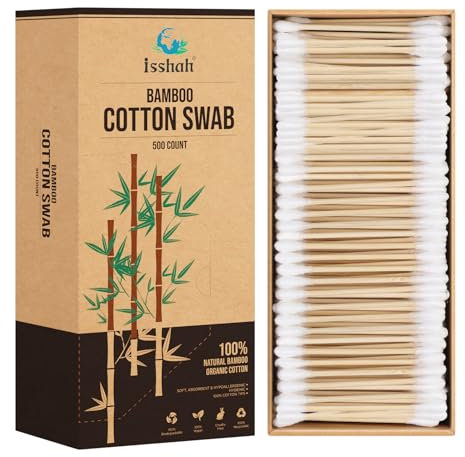 Bastoncillos de algodón de bambú, 500 unidades, certificado FSC y aprobado por PETA, puntas dobles ecológicas, sin plástico, bastoncillos de algodón orgánico 100% biodegradables Isshah