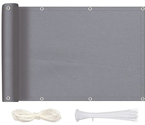 MEEYI Sichtschutz Balkon Sichtschutz 80x900cm, Balkonabdeckung Blickdichte Wind- und UV-Schutz Wetterfest 100% Privatsphäre Balkonverkleidung mit Ösen, Nylon Kabelbinder und Kordel, Grau