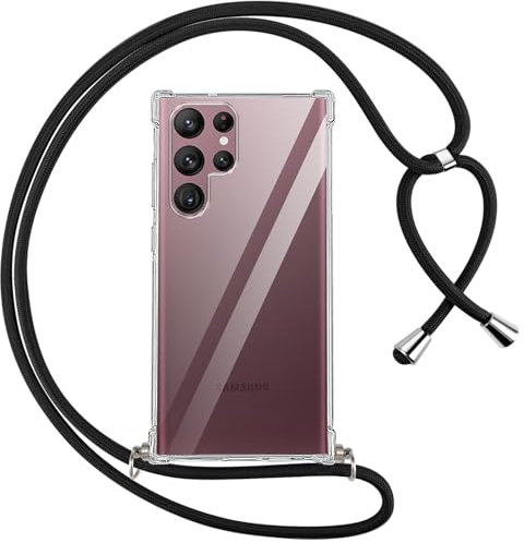 Pnakqil Collier Coque pour Samsung Galaxy S22 Ultra 5G avec Cordon, Réglable Lanyard Housse Transparente Silicone Anti-Chute Etui pour Samsung S22 Ultra 5G 6.8 Pouces, Ètuis à Bandoulière, Noir