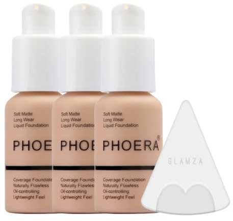 Glamza Phoera Foundation Full Coverage Makeup Set - 24hr Long Lasting Oil Control - Soft Smooth Matte Flawless Concealer Cream - Inc x3 30ml Foundation & Silicone Blender Sponge (103 Warm Peach)