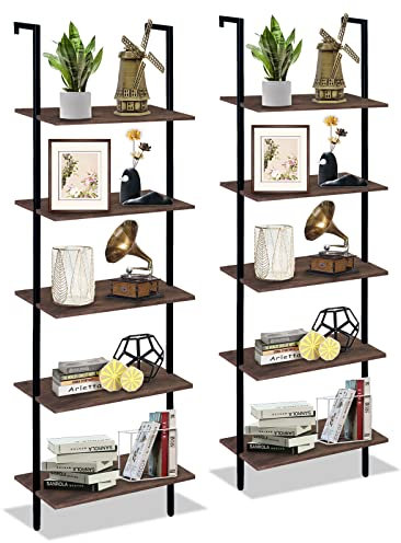 Wolawu Scaffale a scala a 5 ripiani, 2 pezzi, nero, moderno, alto, libreria, aperta, grande, alta, montaggio a parete, libreria in piedi da parete, decorazione industriale (marrone)
