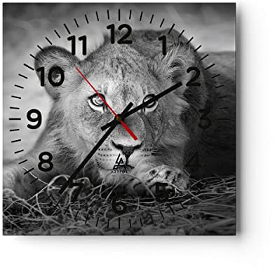 Modern Wanduhr Löwe asiatisch Porträt 40x40cm Quadrat Groß Wand Uhr Glas Analog Zimmeruhren Küche Büro Wohnzimmer Glasuhr Wall Clock Dekoration Design Wanddekoration Küchenuhr C4AC40x40-4840