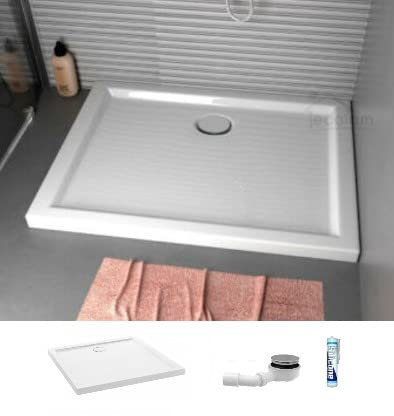 ECOLAM® Duschwanne Duschtasse flach Goliat Polimat Rechteck 120 x 100 x 5,5 cm, 3 cm Acryl weiß + Siphon + Silikon