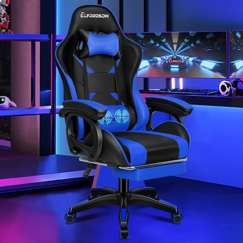ELFORDSON Gaming Chair with 2-point Massage Lumbar Cushion, High Back PC Computer Game Chair, 150° Reclining Office Chair with Headrest & Footrest, 360° Swivel, Home Esports, PU Leather, Blue