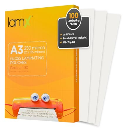 LamX A3 Laminating Pouches 250micron, High Gloss Finish Sheets, Anti-Static Formula Laminating Pouches A3, 250 Micron (125+125 Micron) Pack of 100 Laminating Sheets, Free Pouch Carrier Included