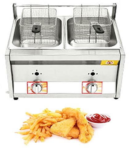 Commercial Countertop LPG Gas Deep Fat Fryer Dual Tanks with 10Lx2 Basket and Lid Stainless Steel Large Capacity Propane LPG with Metal Tube for French Fries Home Kitchen Restaurant