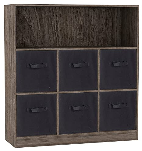 URBNLIVING Wooden Wide 7 Cubed Cupboard Bookcase Storage Units Shelves 6 Drawers Baskets (Black Drawer, Anthracite Oak Bookcase)