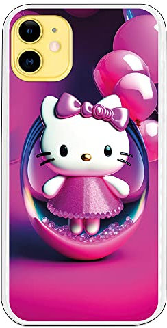 Personalaizer Hello Kitty Schutzhülle mit rosa Luftballons, kompatibel mit iPhone 11, transparent, kratzfest, leicht, original und kompatibel mit kabellosem Laden