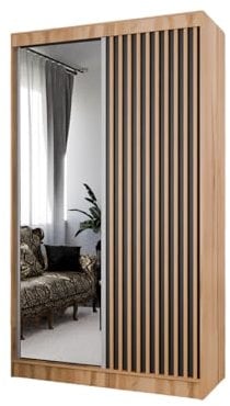 Margaret Hadas24 Kleiderschrank Lili mit Lamellen und Spiegel, Organizer, Mehrzweckschrank, Schwebetürenschrank, Garderobenschrank, Kleiderstange, Kleiderständer, Schrank, 120 cm, braun, schwarz,