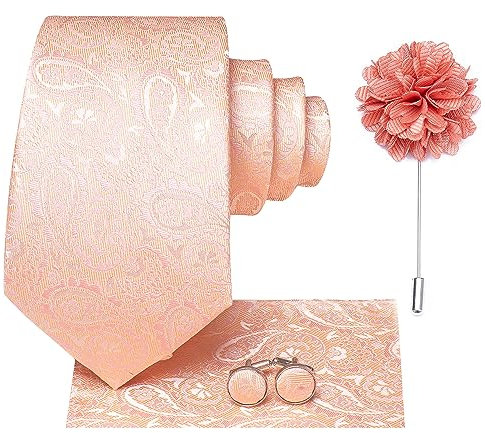 Hi-Tie Seidenkrawatte und Einstecktuch, Manschettenknöpfe, Reversnadel-Set, Jacquard, Hochzeit, Business, Krawatte für formelle Anlässe, blassrosa, M