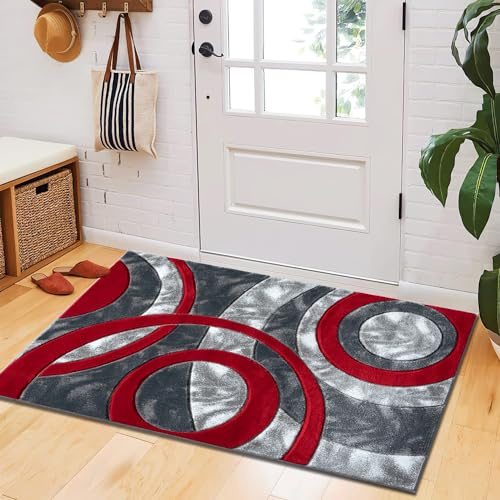 B&B Door Mat Durable Non Slip and Machine Washable Rug Floor Mat - Modern Circle Design Hand Carved Dense Pile Shaggy Rug - 50 x 80 cm, Red