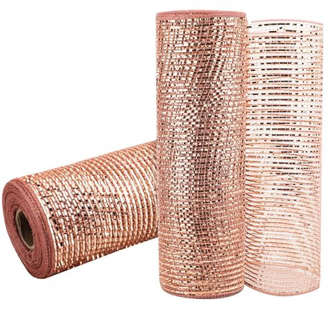 GouZaak Deko-Mesh-Band in Rotgold, 25,4 cm x 9,1 m, mit breiterer rotgoldener Metallic-Folie für DIY-Kranz, Urlaub, Dekoration, Weihnachtsbaum, Halloween-Dekoration, Geschenkverpackung, Blumenmuster,