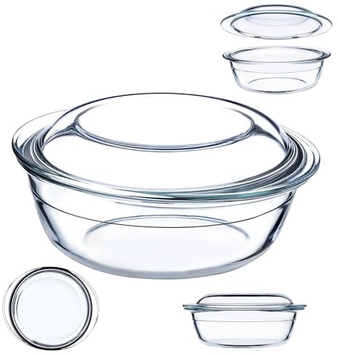 KADAX Cacerola de cristal resistente al calor, recipiente ignífugo, olla de cristal con tapa y asas, vajilla para asar, horno, cocina eléctrica, para lasaña, carne, transparente (redonda, 2,2 L)