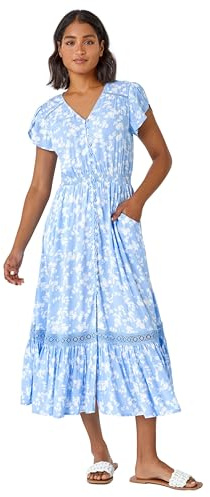 Roman Shirred Empire Waist Dress for Women UK Ladies Midi Maxi Summer Spring Tiered Frill Hem Short Sleeve V Neck Button Through Boho Bohemian Holiday Cruise - Light Blue Ivory - Size 20