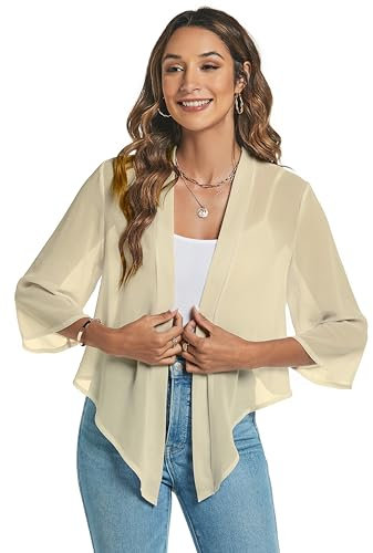 Famrrifuu Bolero Damen Chiffon Festlich Schulterjacke 3/4 Ärmel Elegant Kurze Cardigan Leichte Bolerojacke,Aprikose,XXL