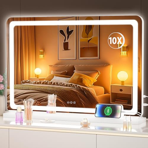 Hasipu Kosmetikspiegel mit Beleuchtung, 80 x 50cm LED Schminkspiegel, Beleuchteter Schminkspiegel mit dimmbaren 3 Modi, Touchscreen-Steuerung Kosmetikspiegel Rund Weiß