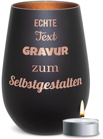 PR Print Royal Schwarzes Windlicht Mit Gravur - Name Oder Text - Glas Selbst Gestalten, Geschenk Zum Geburtstag, Weihnachten | Inkl. Teelicht & Persönlicher Gravur, 450 Ml, Innen Bronze