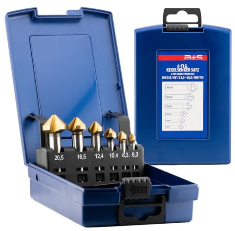 a+s Set svasatori a cono HSS-G con rivestimento TiN – 6 pezzi 90° DIN 335 C | svasatore per metallo, legno, plastica | Ø 6,3–20,5 mm | in custodia ABS