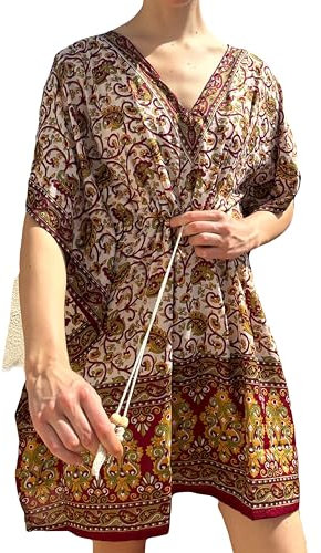 Vestido Verano Mujer Playa Piscina Ropa Ibicenca De Baño Camisola Playera Elegante Monos Sensacion Seda Viscosa Fresco Pareo Étnico Marrón