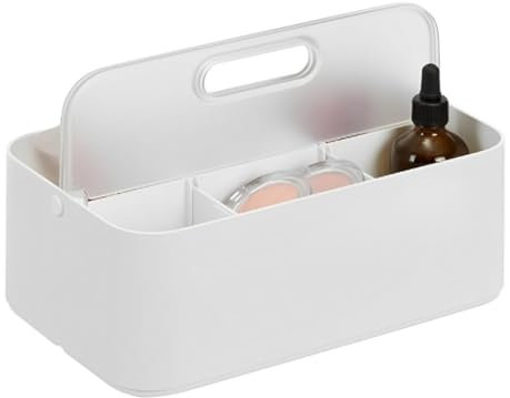 Gzsekken Plastic Shower Caddy Basket,Portable Shower Organiser with Flip Handle and Lid,Bath Caddy Removable Dividers White Bathroom Tidy Small Storage Box for Bathroom, Kitchen, Dorm Room