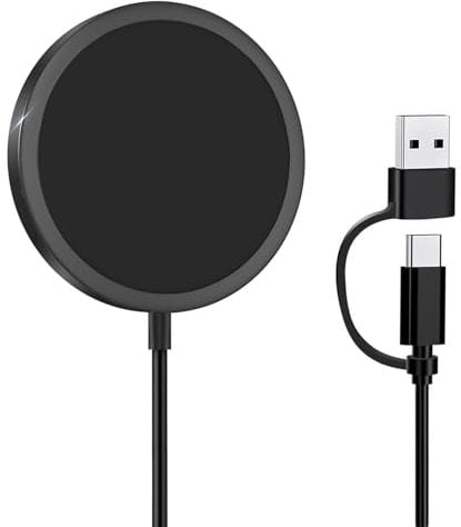 15W Fast Magnetic Wireless Charger, Magnetic Fast Charging Cable (1m), Portable Magnet Charging Pad with 2-in-1 Dual Charging Ports (USB-C & USB-A) for iPhone 15/14/13/12/Pro/Pro Max/Plus/mini, Black
