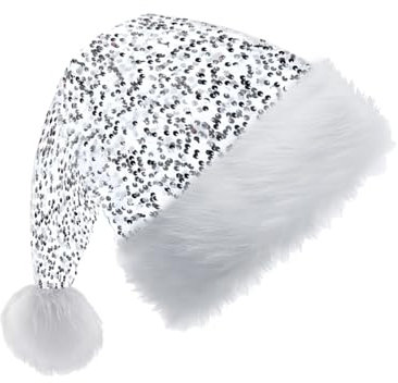 Silber Pailletten Weihnachtsmütze für Erwachsene Kinder,35*45cm Nikolausmütze Plüsche Weihnachtsmann Mütze,Warm Dicker Nikolaus Mütze Santa Clause Mütze für Männer Frauen Familie Weihnachtsfeier