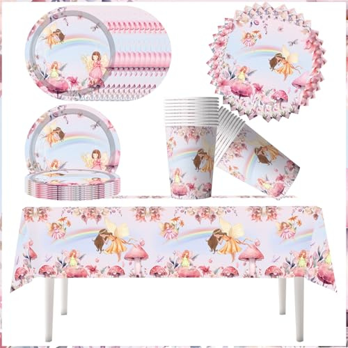 Doyomtoy 61 Stück Blume Fee Party Geschirr Set, Elfen Thema, Pappteller, Tassen, Tischdecken, Servietten, Rosa, Cartoon, geeignet für Babyparty, Kindergeburtstag, Hochzeit, Jahrestag