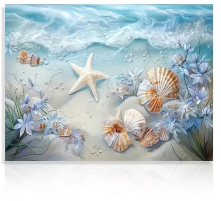 Dazzlewall Ozean Wellen Leinwand Bild, Muscheln Seestern Blumen Wand Kunstdrucke, Meer Strand Wandbild für Badezimmer Schlafzimmer Wohnzimmer Dekor 30x40 cm Ungerahmt