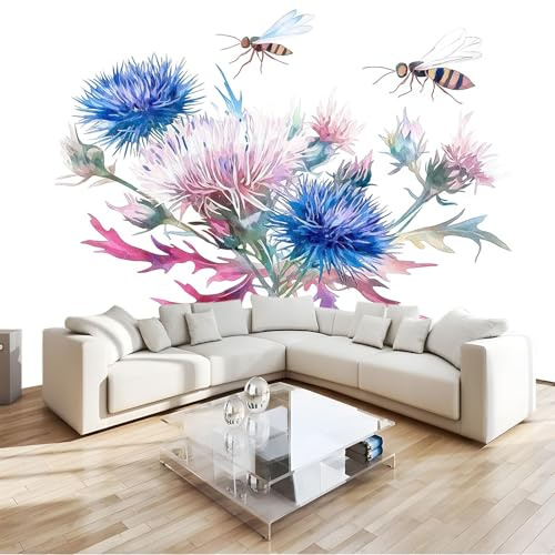 3D Panoramic Wallpaper Mural, 200 x 140 cm Photo Wallpaper Mural, Watercolor Thistle Bouquet Wasp Photo Wallpaper 3D Effect, White Wallpaper Mural - Poster Decoration for Bedroom Living Room Corridor