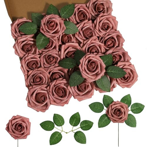 DuHouse Paquete de 25 Rosas de Espuma de Tacto Realista con Tallos para Ramos de Boda, Baby Showers, Centros de Mesa, Arreglos Florales, Decoración de Interiores(Rosa empolvado)