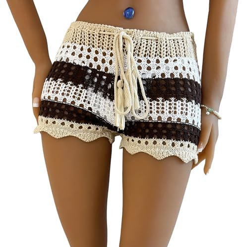 LSFYSZD Damen-Bikinihose, gehäkelt, gestrickt, Sommer, Kordelzug, hohe Taille, hohl, Strand, Hotpants, Bademode, coffee, 38