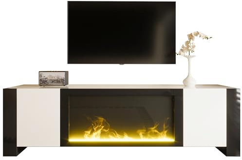 Generisch Modernster TV-Schrank mit elektrischem Kamin-Flammeneffekt – Hochglanz-Design, grifflose Türen & großzügiger Stauraum für stilvolles Wohnzimmer (165x55x32 cm, weiß/schwarz)