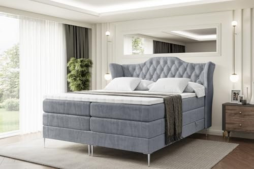 ALTDECOR Boxspringbett mit Silber Füßen, Matratze und Lattenrost, Topper, Polsterbett mit Bettkasten, Bett mit Stauraum H3- und H4- Matratze, Doppelbett -Vila-FS KING-180x200 - Grau Casablanca