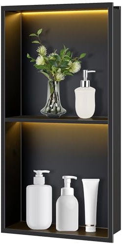 FTL Wandnische Badezimmer mit LED 30 X 60 cm,Schwarz Edelstahl Duschnische mit 3000K Warmweiss LED-Licht(Nicht dimmbar),Keine Fliesen Erforderlich Eingebettete Zweilagige Wandnische Dusche