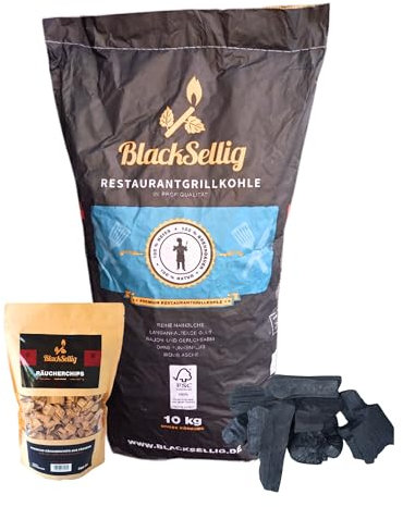BlackSellig Restaurantgrillkohle – Profiqualität aus nachhaltiger Forstwirtschaft - FSC Zertifiziert (10kg + Smokerchips)