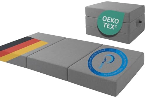 TexDeko® Premium Klappmatratze 140x200cm (3-teilig), komfortable ergonomische Faltmatratze 15cm dick mit 4cm Visco-Schicht und Anti-Rutsch-Unterseite waschbarer Bezug, ideal als Gästematratze (Grau)