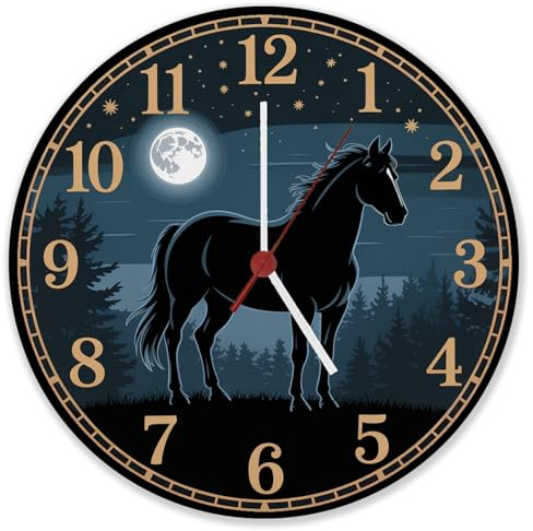 speecheese Pferdeträume Pferd Vollmond im Wald Wanduhr aus Alu für Pferdefans Wohnzimmeruhr mit schönem Pferde-Design