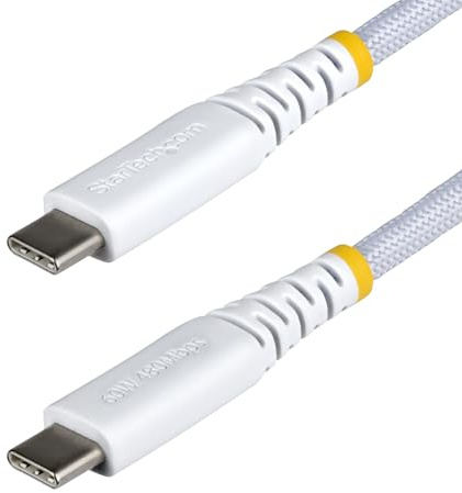 StarTech 30cm USB-C Ladekabel, 60W PD, Nylon, Weiß (USB2CC30CMNCBRWH) | Robustes Laptop-Handy Ladekabel, USB 2.0, Geflochtenes Nylon, Vernickelte Stecker, EMI-Schutz