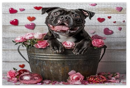 Cane Corso Hunde-Puzzles für Erwachsene 1000 Teile, Valentinstag Holz Rosen Dekorative Puzzles, Haustierdekorationen für Familienunterhaltung, Partygeschenk