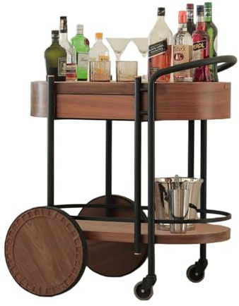 KIBONCY Carrito de Bar de Nogal de Mediados de Siglo con Estante Inferior de cajón, Carrito de Servicio rodante for Bar en casa, Sala de Estar y Cocina
