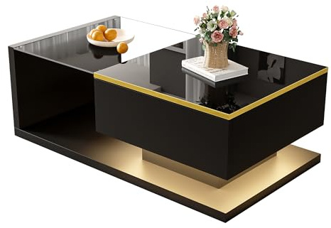 BTM 90 cm Couchtisch, Hochglanz-Schwarz, Beistelltische, Glas, LED-Effekt