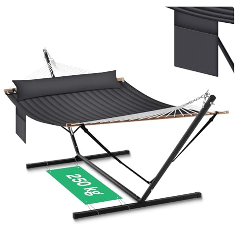 WOLTU Hängematte mit Gestell für 2 Personen 250kg Anthrazit | mit Gestell; Seitentasche; Kissen; Outdoor; 250kg; für 2 Personen