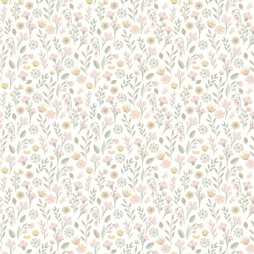Papier peint fleuri prairie pastel fond blanc - Made in France - 53x1000